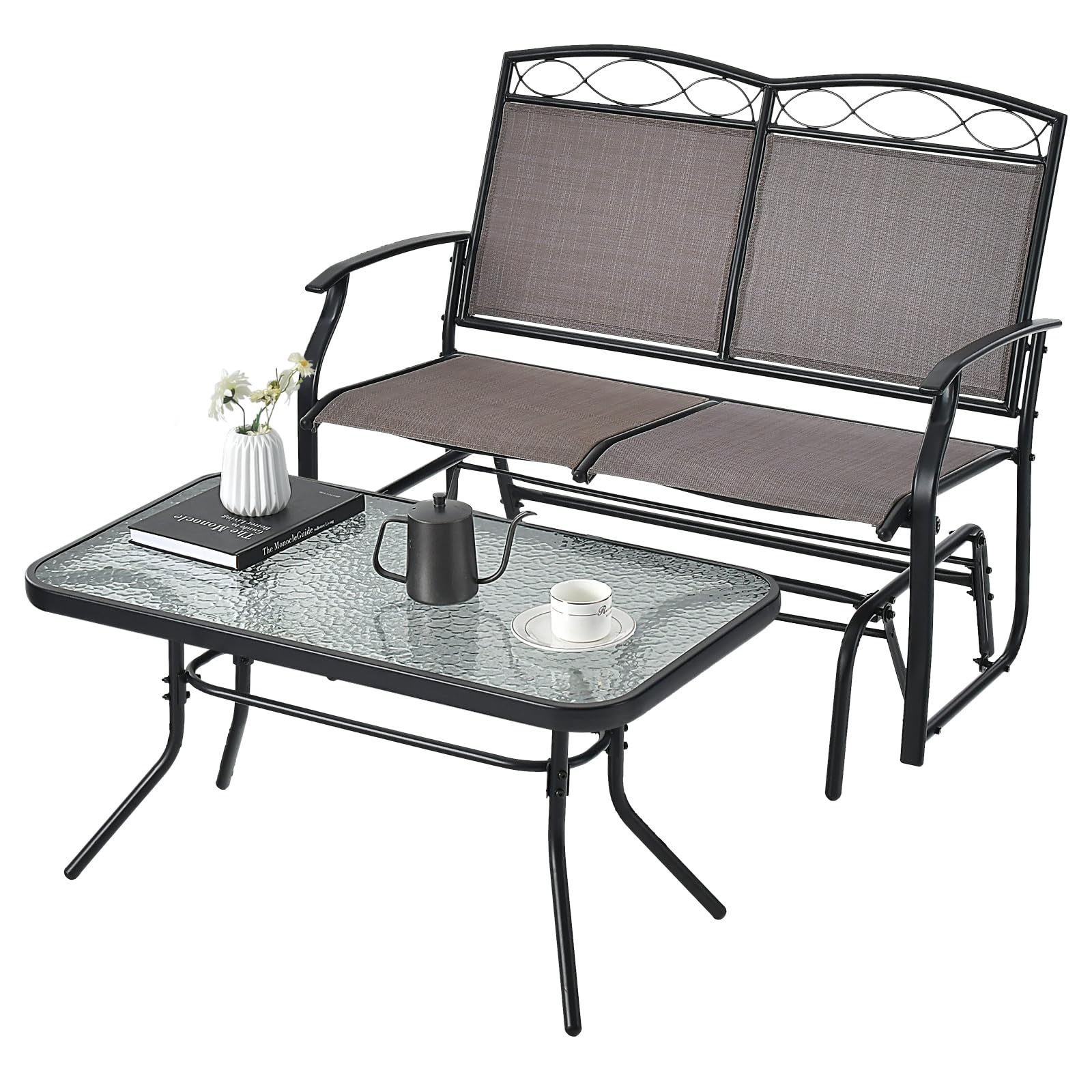 Tangkula Patio Glider Conversation Set, Outdoor Gliding Loveseat w/Tempered Glass Coffee Table